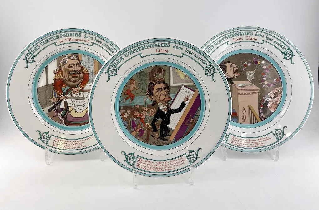 Amusante série de 7 assiettes en faïence de Creil et Montereau, » Les Contemporains dans leur assiette » – Image 2