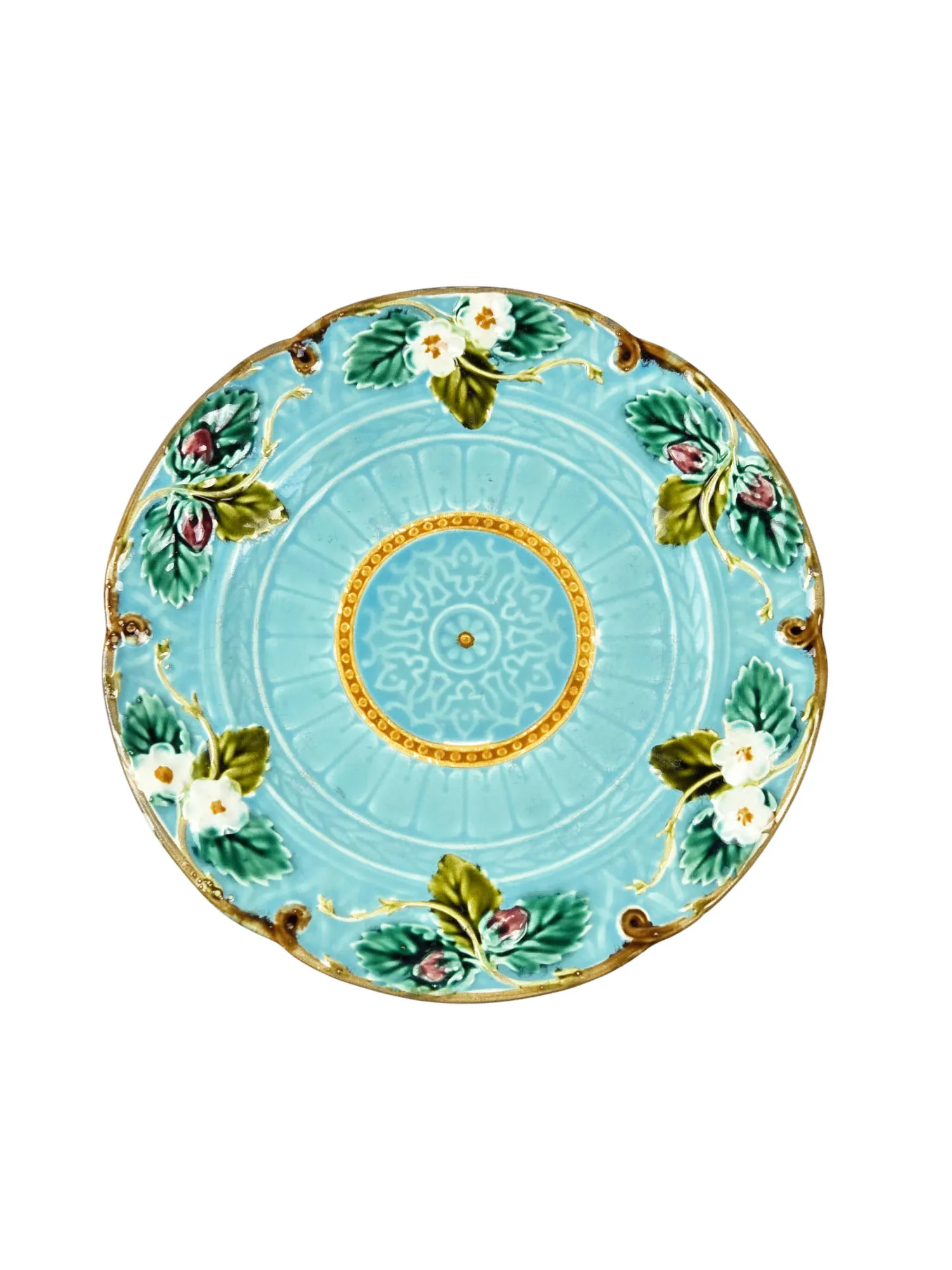 Suite de 6 assiettes à dessert en barbotine, majolique, Sarreguemines France. – Image 4