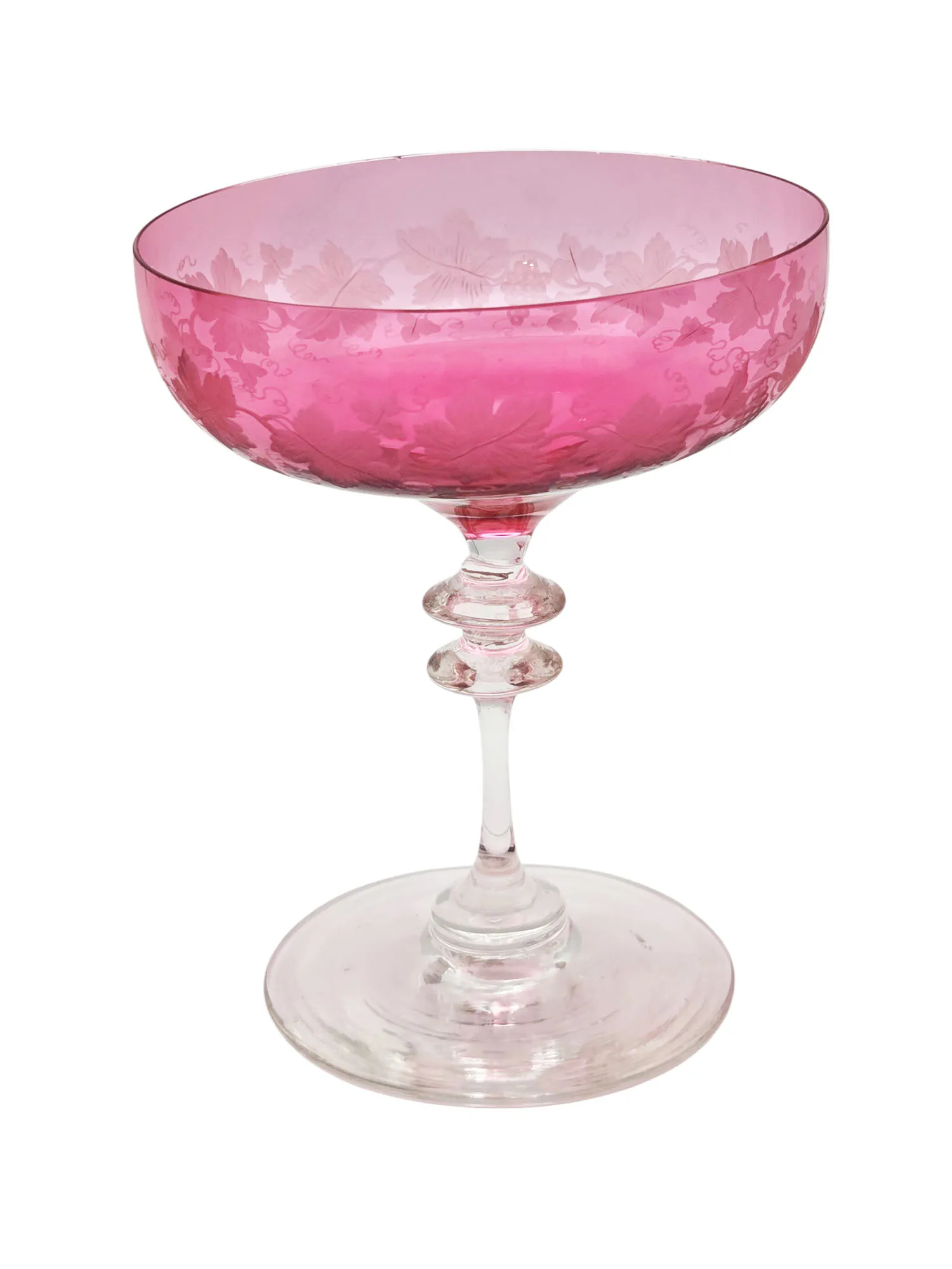 Très rare suite de 8 coupes à champagne en cristal doublé rose et gravé, XIXème. – Image 5