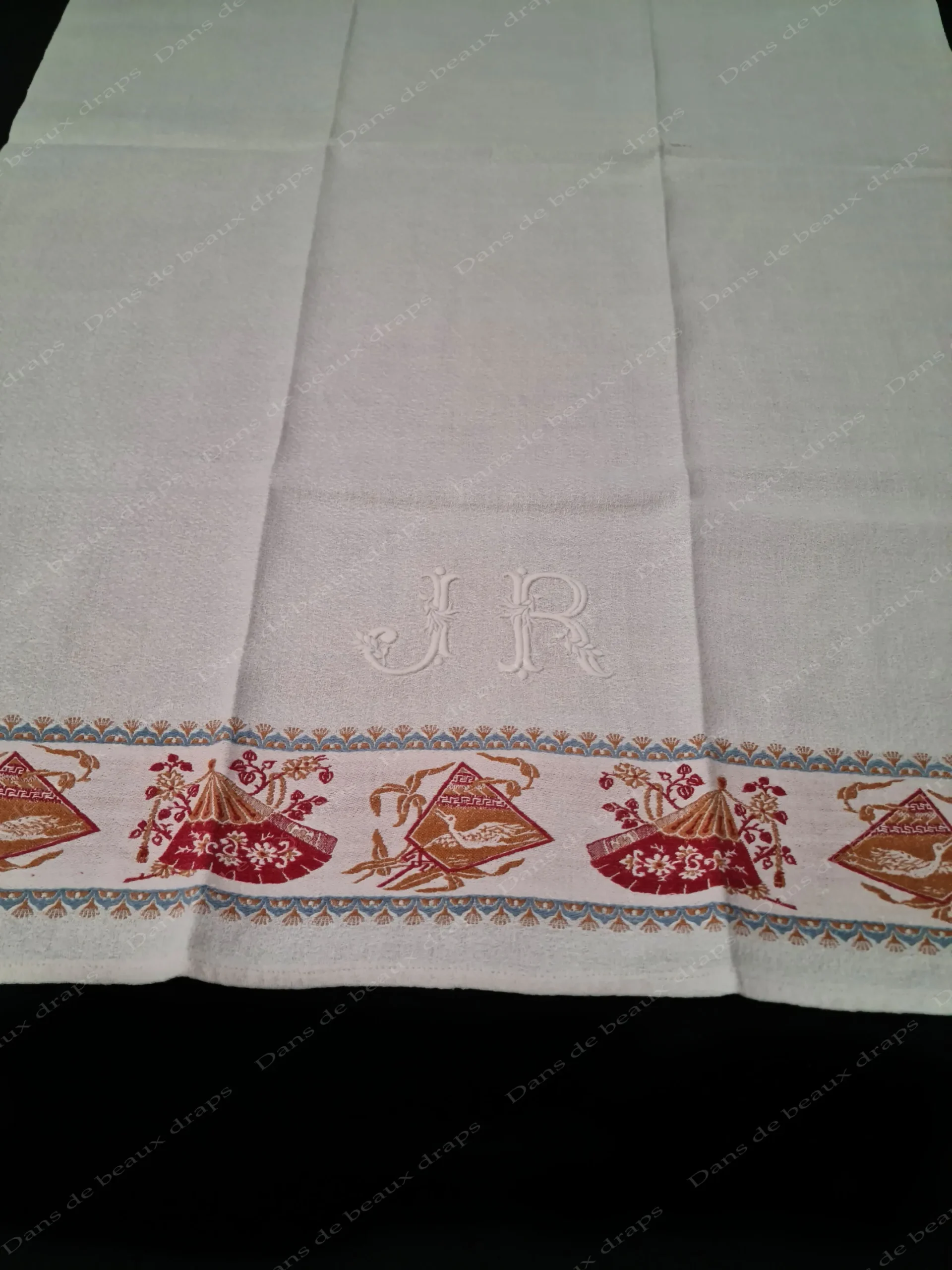 Superbe serviette d’invité en lin à liteaux,monogramme JR. – Image 6