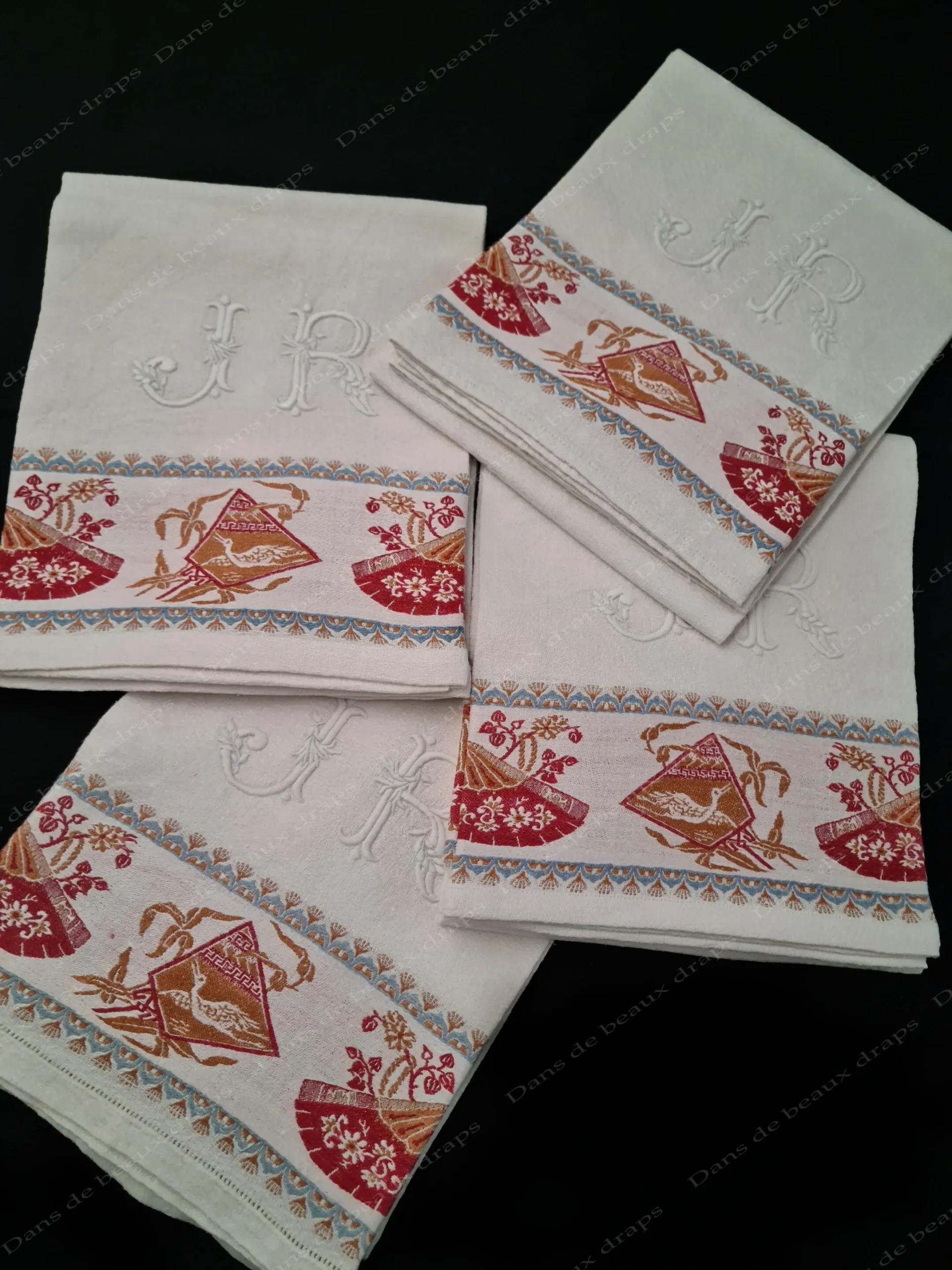 Superbe serviette d’invité en lin à liteaux,monogramme JR. – Image 7