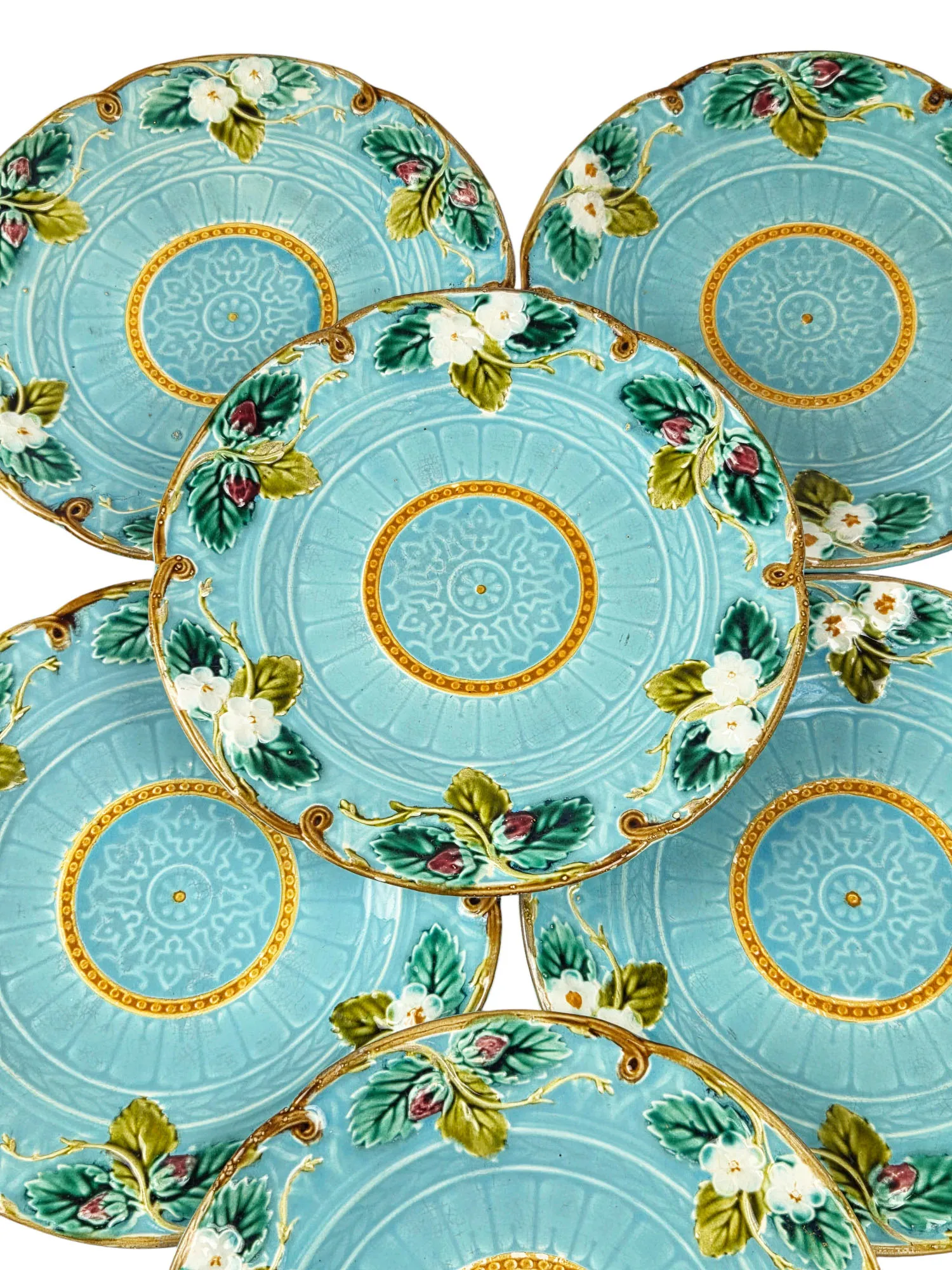 Suite de 6 assiettes à dessert en barbotine, majolique, Sarreguemines France. – Image 3