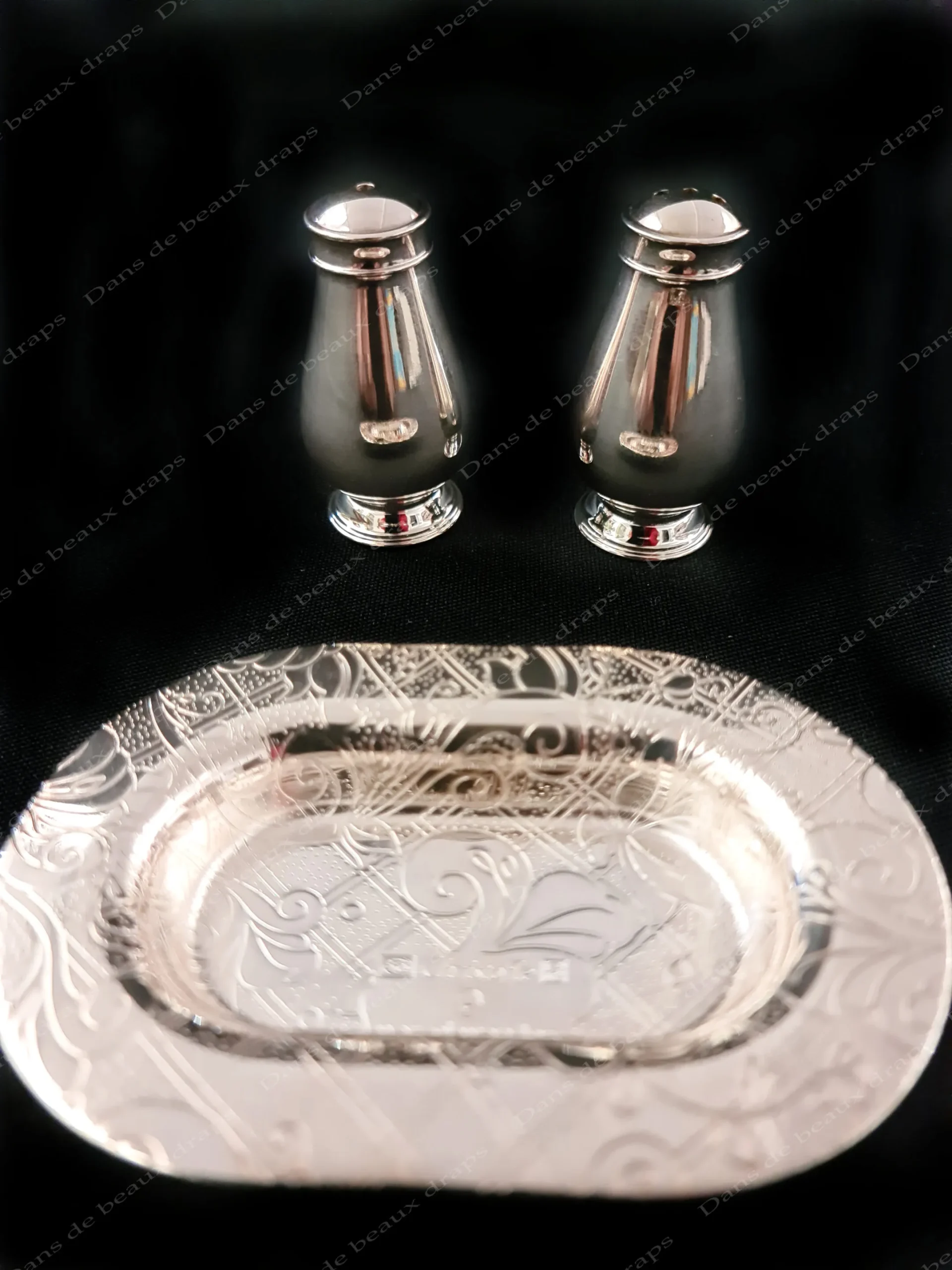 Ensemble salière et poivrier sur plateau en métal argenté,modèle Jardin d’Eden,Christofle,Paris. – Image 4