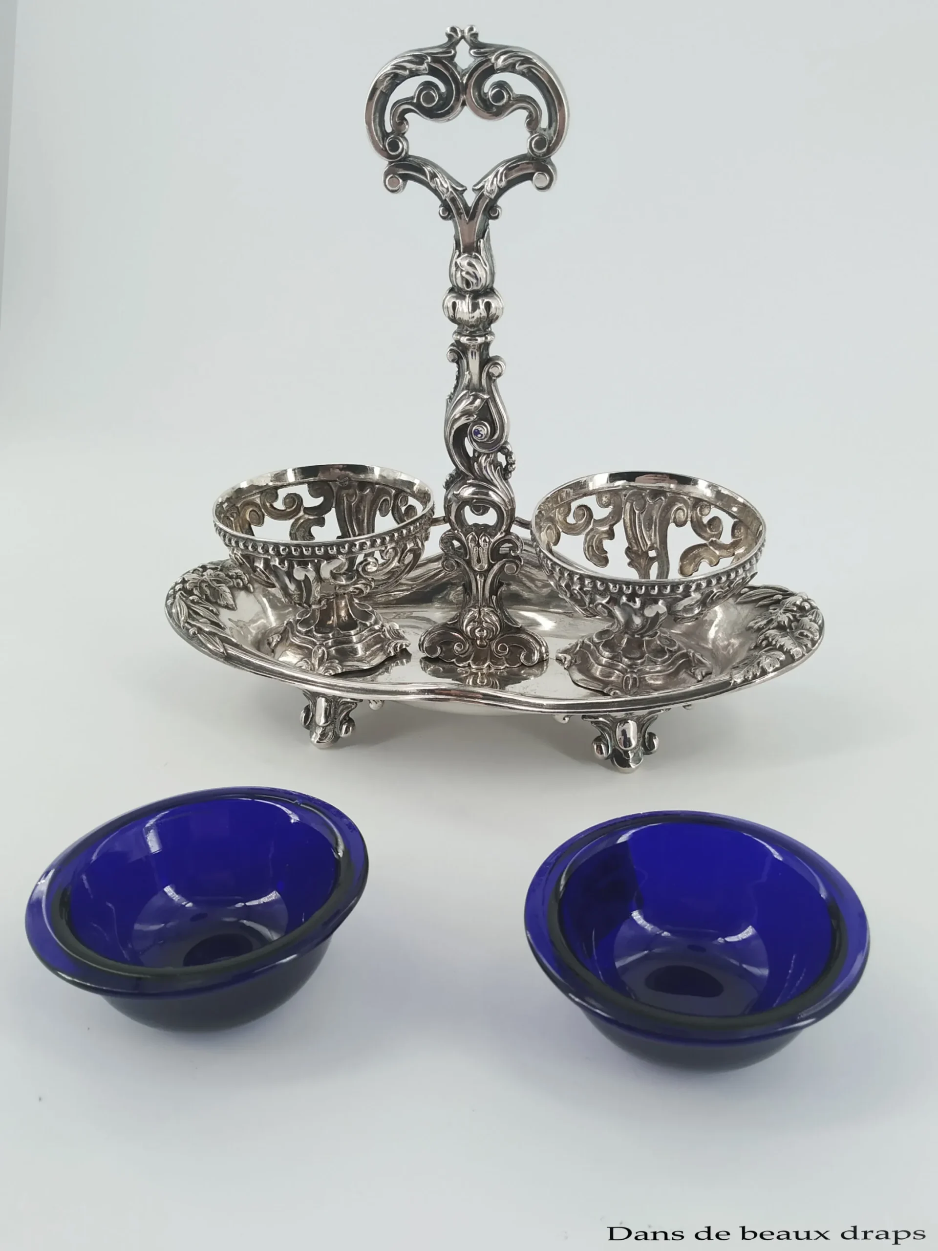 Saleron double en cristal bleu cobalt et argent, XIX ème – Image 3