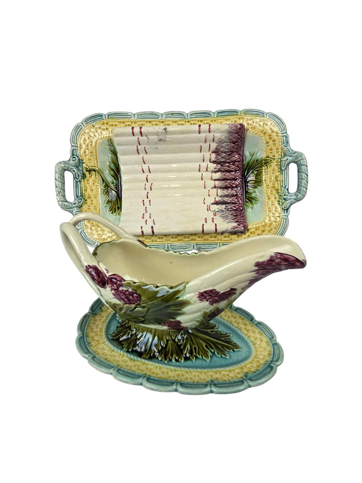 Superbe service à asperges en barbotine, Salins France, début XXème, 14 pièces. – Image 3