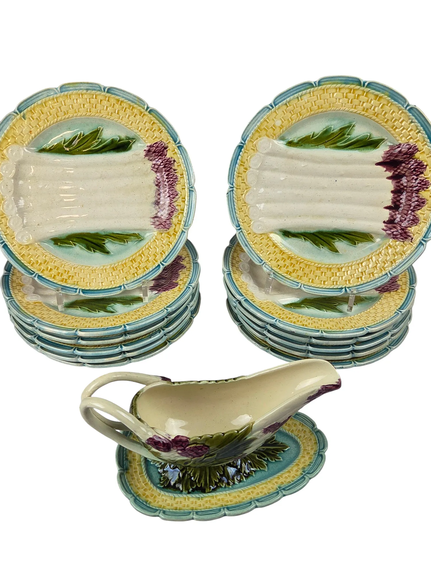 Superbe service à asperges en barbotine, Salins France, début XXème, 14 pièces. – Image 2