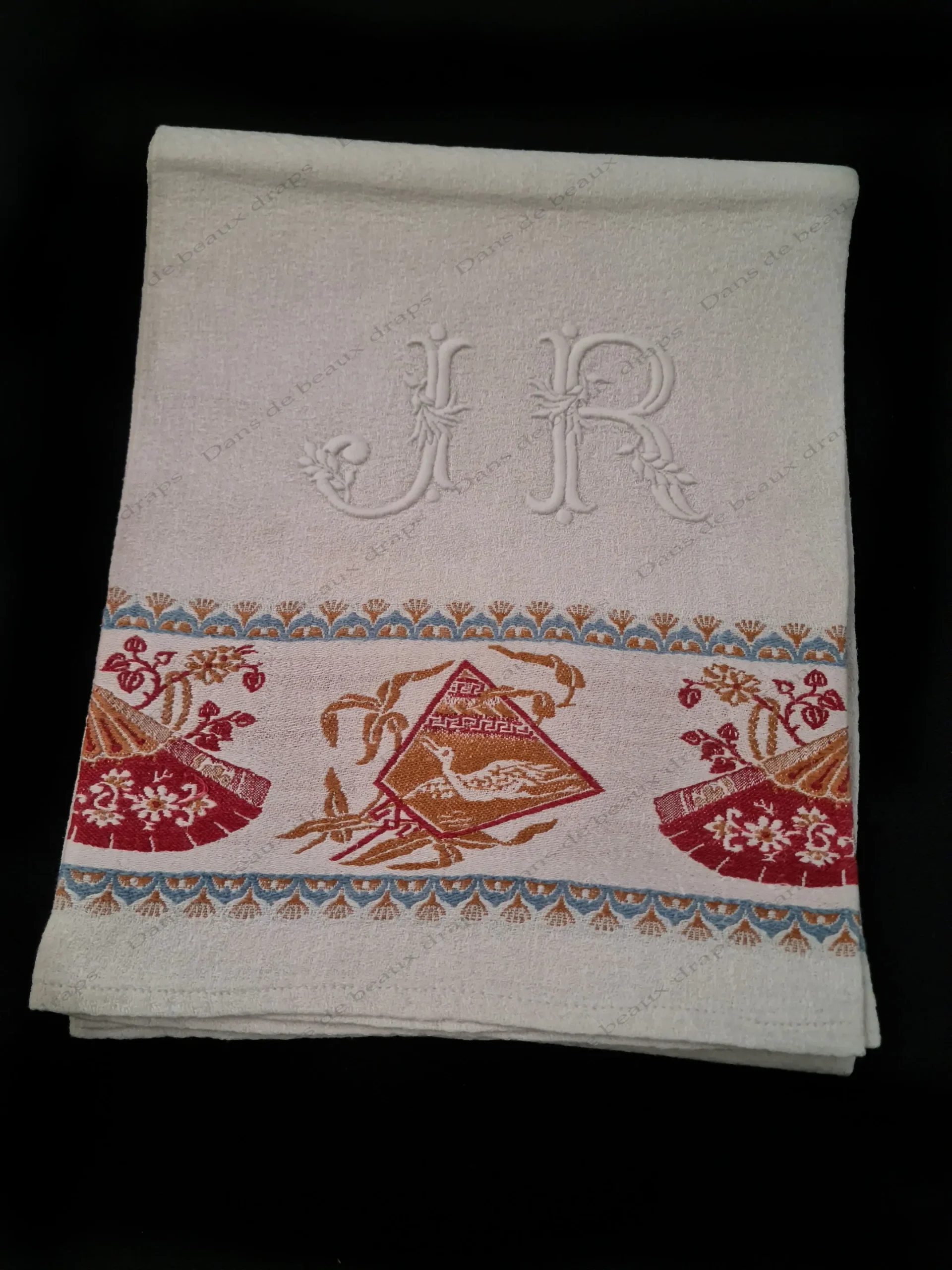 Superbe serviette d’invité en lin à liteaux,monogramme JR. – Image 2
