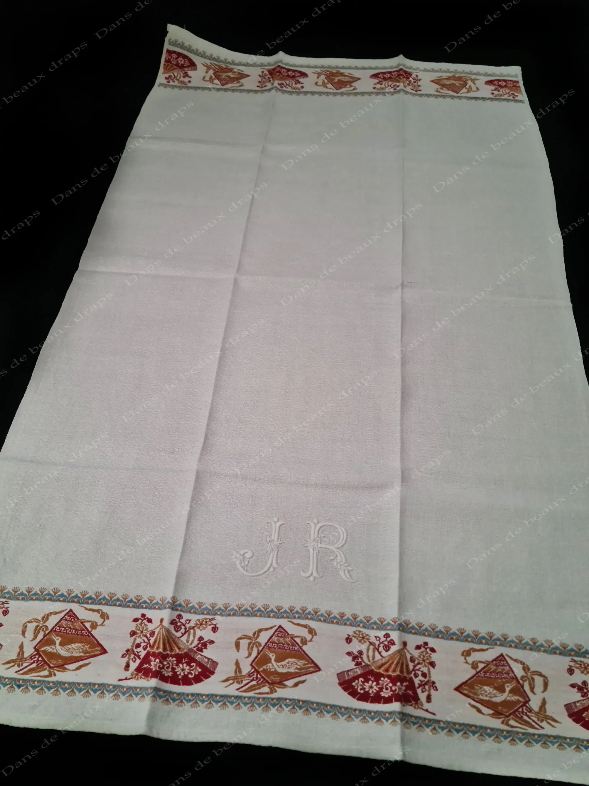 Superbe serviette d’invité en lin à liteaux,monogramme JR. – Image 8