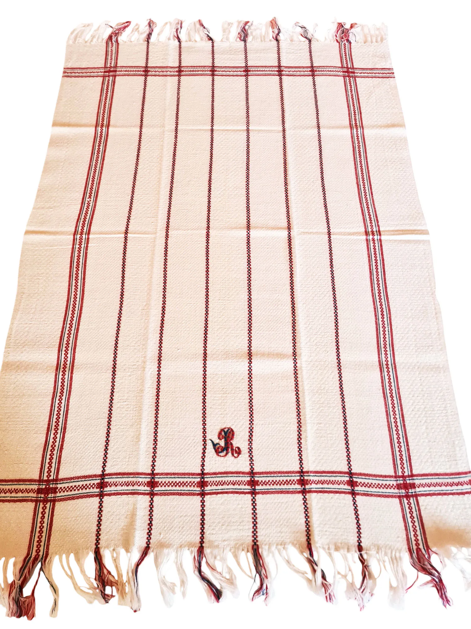 Serviette d’invité en lin à liteaux et à franges, fin XIXème. – Image 2