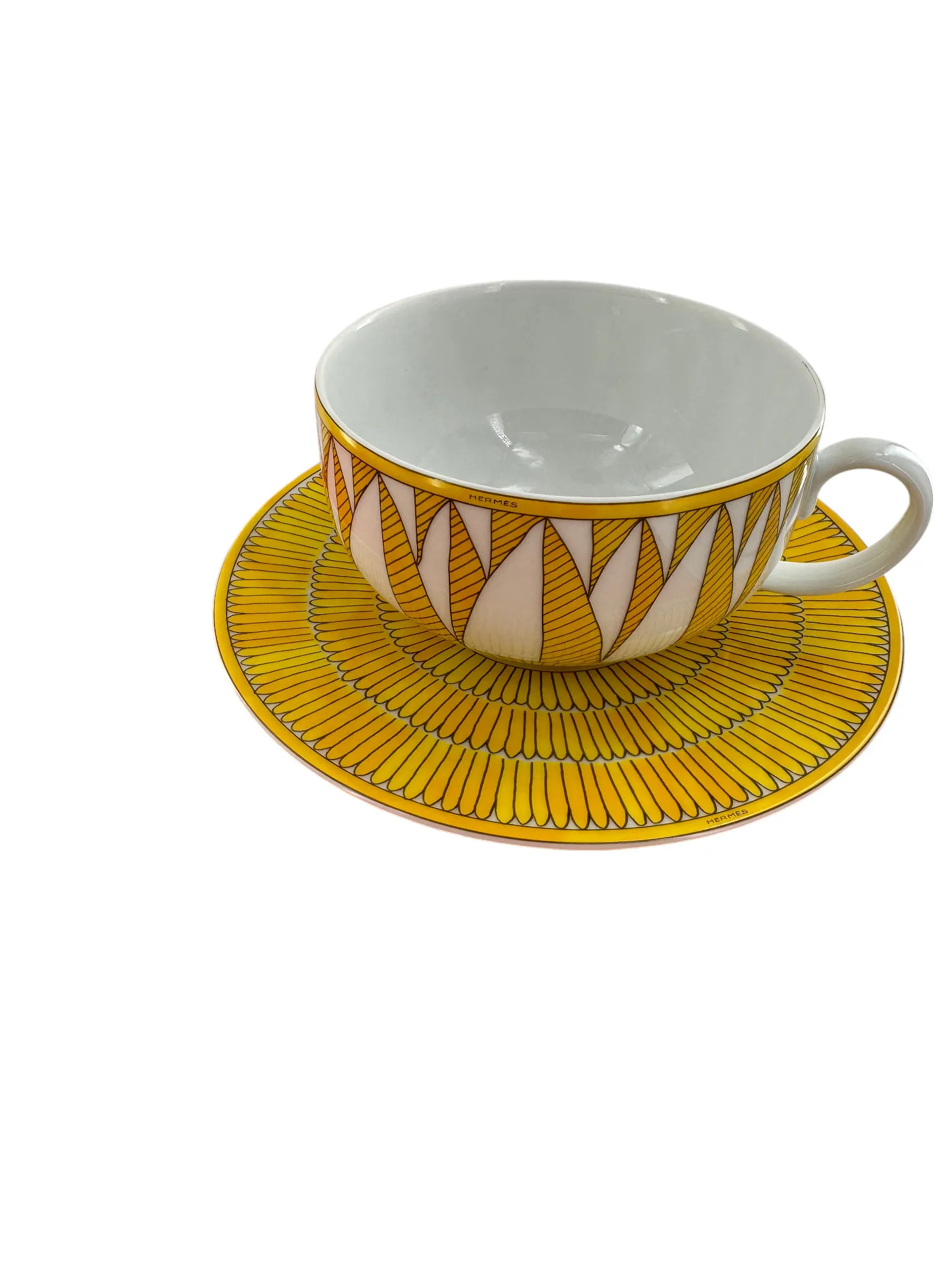 Rare ensemble de 2 paire-tasses à déjeuner en porcelaine de Limoges, maison Hermès, modèle Soleil. – Image 6