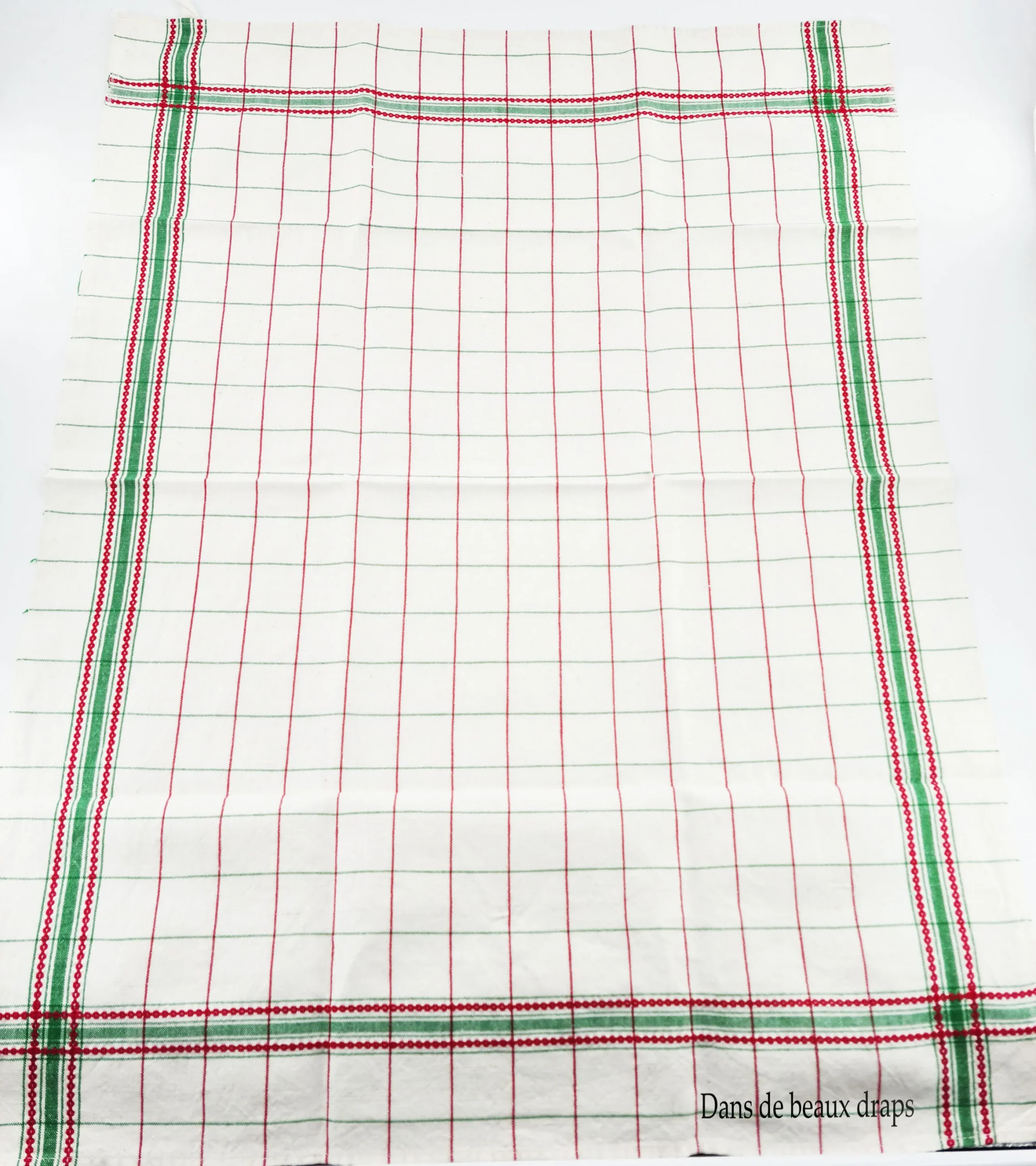 Beau torchon en lin à liteaux rouges et verts. – Image 2