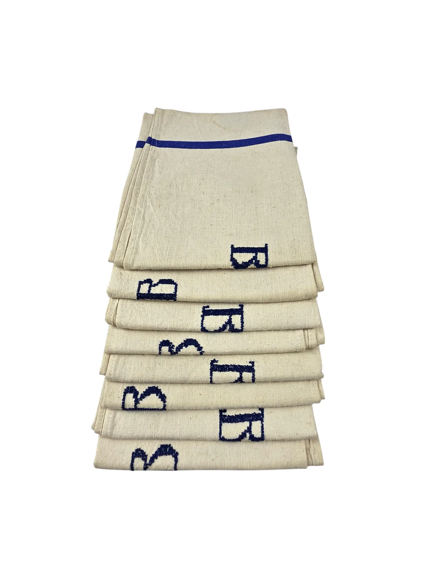 Rare série de 8 torchons en lin liteaux bleus , monogramme B. – Image 2