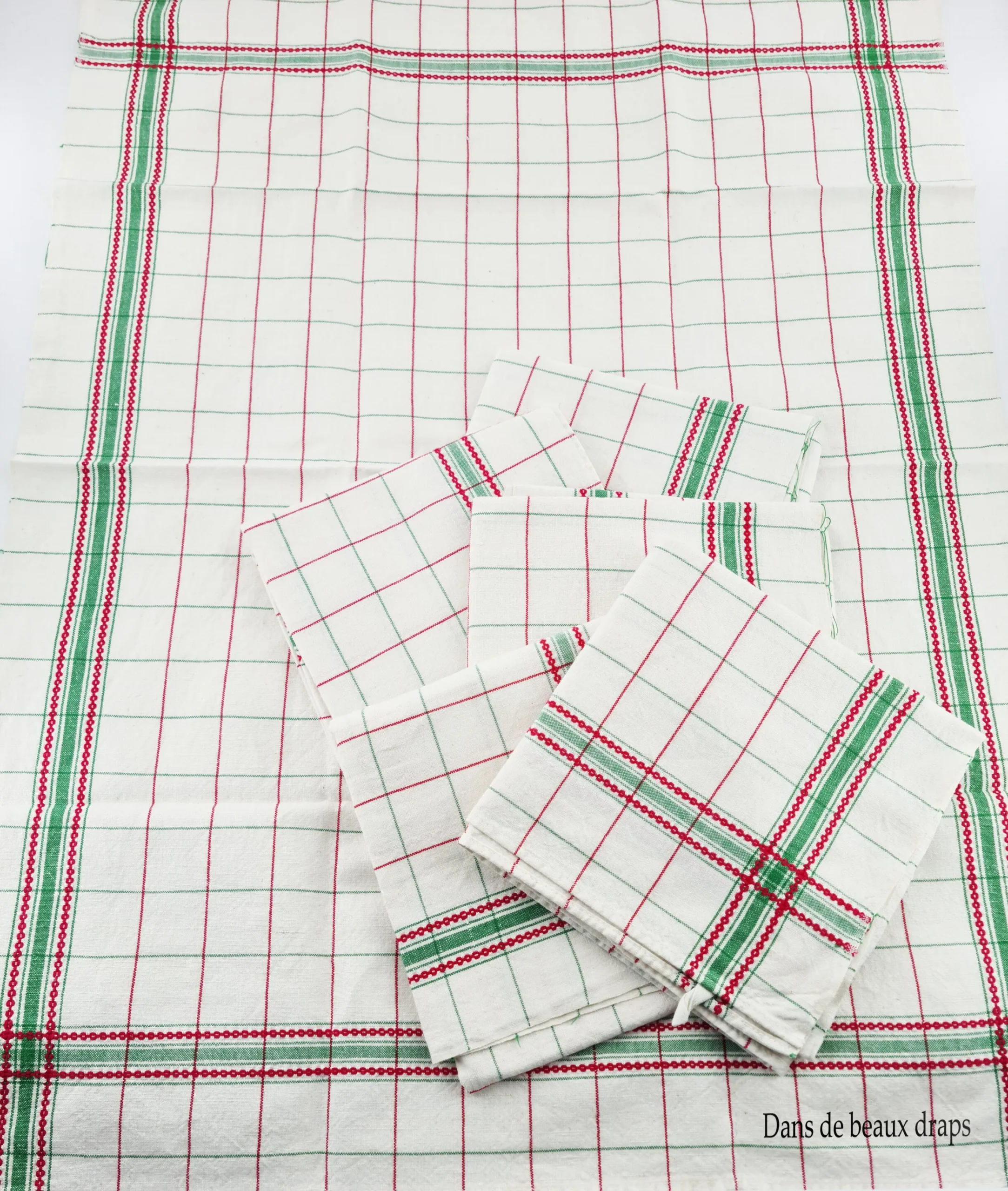 Beau torchon en lin à liteaux rouges et verts. – Image 3