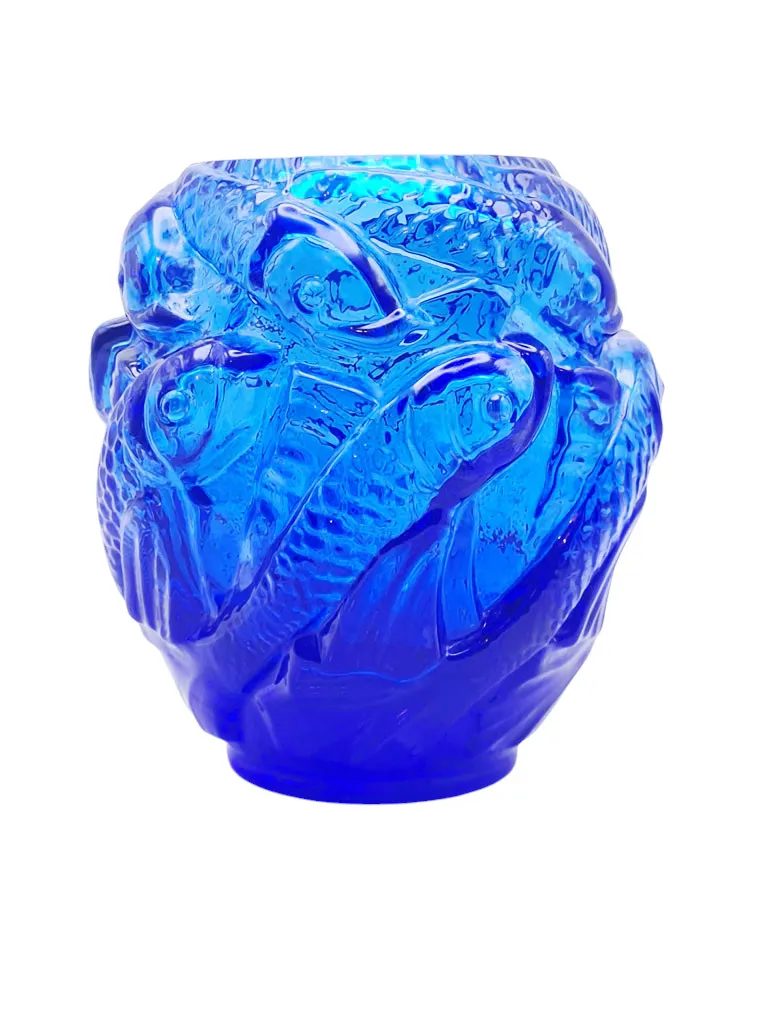 Superbe vase en cristal bleu cobalt à décor de poissons, verrerie de Portieux – Image 2